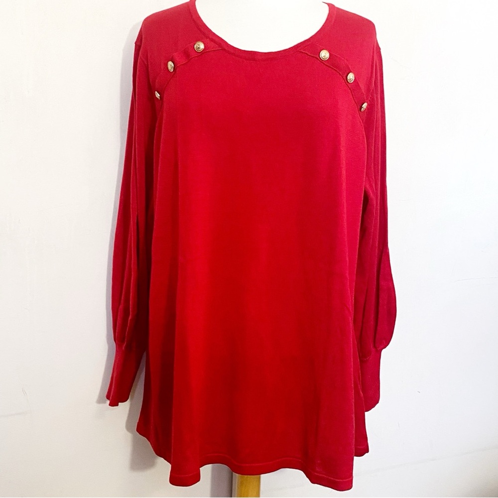 Heather B Elegant Red Button Accent Balloon Sleeve Wide Cuff Sweater Top 2X